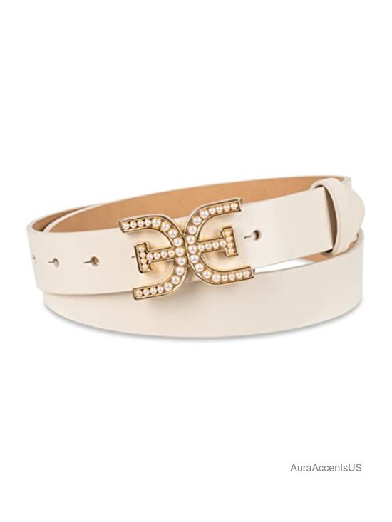 Sam Edelman Pearl Embellished Double-E Logo Plaque Buckle Leather Belt